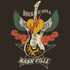 Rock and roll vintage vector graphics artwork for tee, sweat shirt , hoody , guitar wing, rose, love spark, Rock and roll vintage t shirt design. Thunder with eagle wing vector artwork for apparel,