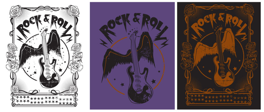 rock and roll vintage graphics, wing guitter and rose vector, Rock and roll vintage vector graphics artwork for tee, sweat shirt , hoody , guitar wing, rose, love spark, Rock and roll vintage t shirt 
