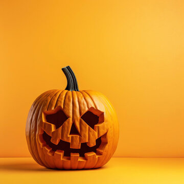Creepy Jack O Lantern: Carved Pumpkin with Spooky Face Illuminated Against Vibrant Yellow Background. Generative AI