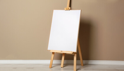 Wooden easel with blank board near beige wall indoors. Space for text