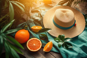 accessories item for traveler summer hat with exotic leaves and oranges on the beach. summer Holiday
