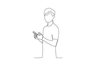 One continuous line drawing of a young man typing a message using his cell phone facing left side

