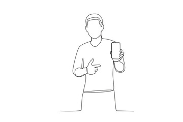 One continuous line drawing of a young masculine man showing his cell phone facing forward
