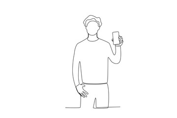 One continuous line drawing of a young man showing his cell phone casually facing forward
