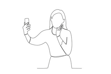 One continuous line drawing of a woman making a video call on her cell phone front view
