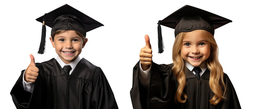 Kids in graduation cap and gown giving a thumbs up isolated on transparent background - Fictional Person, Generative AI