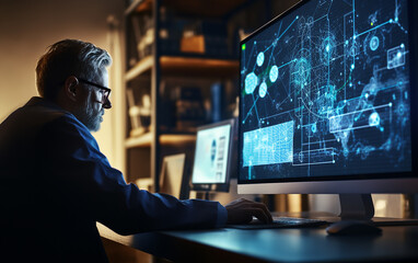 Data science and big data technology. Scientist computing, analysing and visualizing complex data set on computer. Data mining, artificial intelligence, machine learning, business analytics.