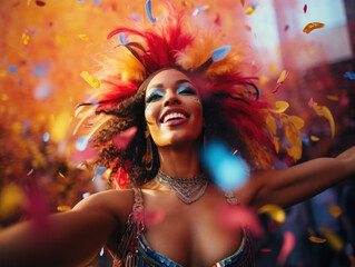 Obraz na płótnie Canvas Vibrant Carnival Rhythms. Dancers in Exotic Feather Costumes at the Brazilian Carnival. AI Generative