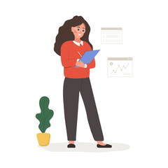 Female entrepreneur. Successful woman standing with tablet in hands. Modern office worker or business expert. Vector illustration in flat cartoon style.