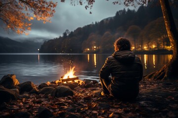 Under a tranquil twilight, a man savors the peaceful allure of lakeside camping by the warm embrace of a campfire.