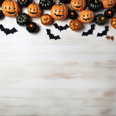 Rustic Halloween Party Banner: Spooky Pumpkins, Bats Wings, and Candles on Wooden Surface. Generative AI