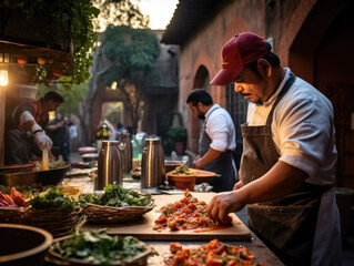 Naklejka premium Talented Chef Creates Tacos at a Festive Outdoor Fiesta in San Miguel de Allende - A Culinary Journey Through Mexican Tradition, Flavors, and Festivities