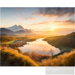 Capturing the natural beauty of a scenic landscape during sunrise with a wide-angle lens, encompassing breathtaking views and warm golden tones. Soft morning light creates a serene and tranquil atmosp