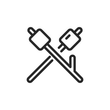 Smores Icon. Vector Linear Illustration of Delicious Campfire Dessert - Marshmallows on Sticks. Camping and Hiking Food Symbol for Outdoor Adventure.