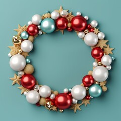 Creatively arranged Christmas decorations forming a circular frame with empty space on a pastel blue background. New Year and holiday concept. Top view, copy space. Generative AI