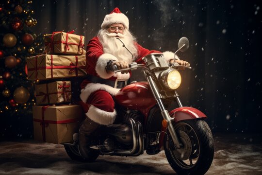 A modern Santa Claus on a motorcycle brings gifts to children. It's time for the holidays. Christmas and New Year concept. Generative AI