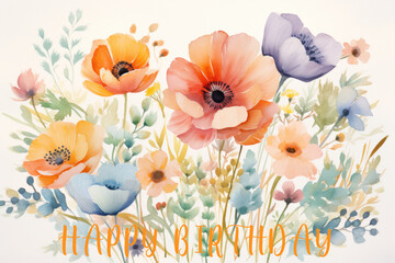 Watercolor colorful flowers, birthday card