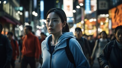 asian woman casual cloth running cross the urban city downtown street night  crowd people background,ai generate