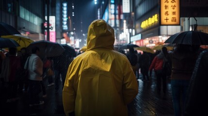 rear view people wear yellow rain cloth jacket walking in downtown urban city street raining at night ,people in yellow jacket walking on street,ai generate