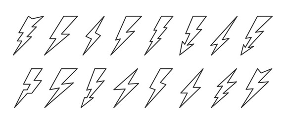 Lightning bolt black line icon set. Energy power charge sign. Thunder strike electricity linear symbol. Thunderbolt flash pictogram. Powerful electrical discharge hitting. Danger zigzag arrow concept - obrazy, fototapety, plakaty