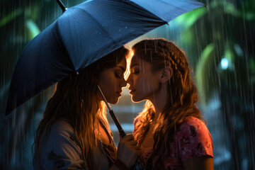 Expressions of Love and Passion: Intimate Moments of Lesbian Couple Under an Umbrella at the Rain - Ai Generative