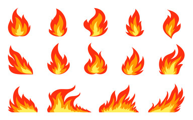 Fire flat icon set. Blaze danger warning symbol. Different shapes of abstract orange campfire fiery flame isolated on white background. Red hot bonfire flaming fuel power energy clipart collection