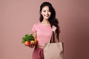 Generative AI : Happy Asian woman holding paper bag full of fresh vegetable groceries isolated on white copy space background.
