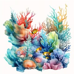 Fototapeta na wymiar Generative AI : Watercolor Seaweed and Corals Isolated in Vibrant Aquatic Harmony