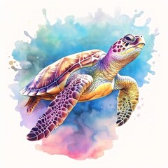 Generative AI : Colorful Watercolor Illustration of a Graceful Sea Turtle Swimming in the Ocean's Wonderland