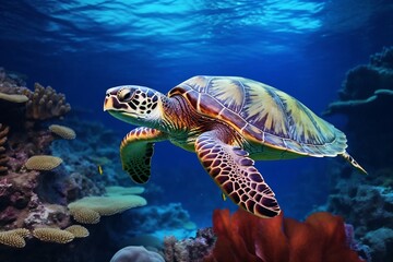 Generative AI : Colorful Watercolor Illustration of a Graceful Sea Turtle Swimming in the Ocean's Wonderland