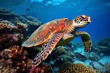 Obraz na płótnie Canvas Generative AI : Colorful Watercolor Illustration of a Graceful Sea Turtle Swimming in the Ocean's Wonderland