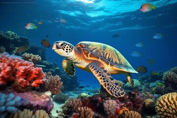 Generative AI : Colorful Watercolor Illustration of a Graceful Sea Turtle Swimming in the Ocean's Wonderland
