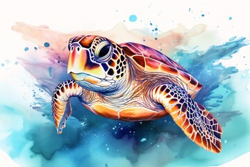 Fototapeta premium Generative AI : Colorful Watercolor Illustration of a Graceful Sea Turtle Swimming in the Ocean's Wonderland