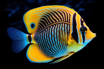 Generative AI : Set of Saltwater angelfish on white isolated background. Emperor, Flame, Bellus, Regal and Japanese swallowtail angelfish - obrazy, fototapety, plakaty
