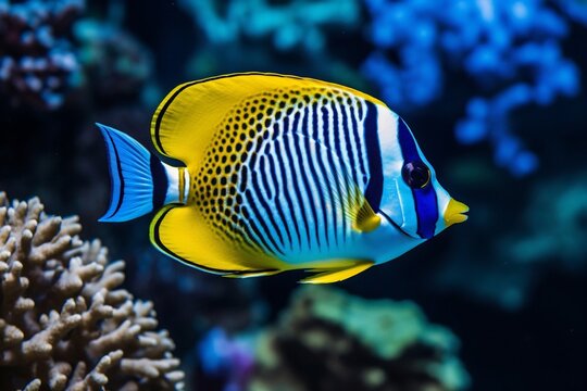 Generative AI : Set of Saltwater angelfish on white isolated background. Emperor, Flame, Bellus, Regal and Japanese swallowtail angelfish
