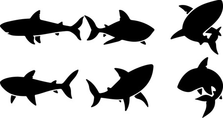 set of silhouettes of fish shark 
