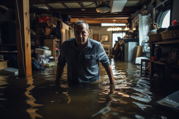 From Crisis to Restoration: The Journey of a man inside a Flooded Basement - AI Generative	
