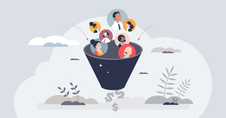Sales funnel as leads conversion to purchase profit tiny person concept. Client and customer management process with awareness, engagement, evaluation, buying and loyalty stages vector illustration.