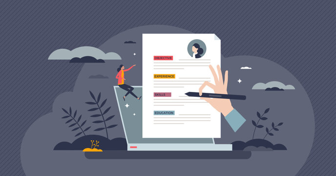 Resume writing and CV typing for vacancy application tiny person concept. Write objectives, experience, skills and education on letter for human resources vector illustration. Create curriculum vitae