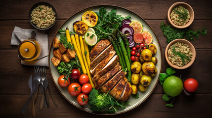 a well - balanced and nourishing meal plate, featuring a lean protein source, whole grains, and a colorful assortment of steamed or roasted vegetables