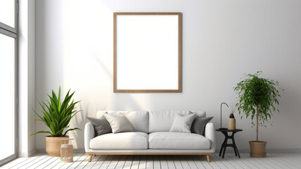 modern living room with sofa with White empty frame mockup