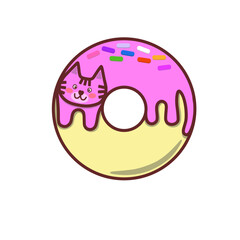 An illustration of a cute donut with a pink cat icing on top isolated 