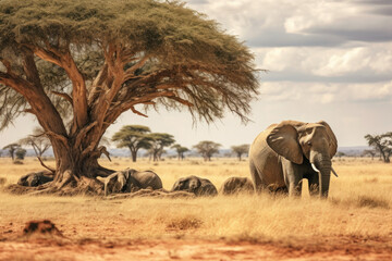 Fototapeta na wymiar Experience the Majesty of Wildlife: Elephant with Her Cubs in African Jungle Safari - Ai Generative
