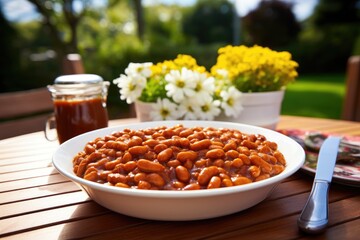 Baked Boston Beans on a plate in the garden on the table.