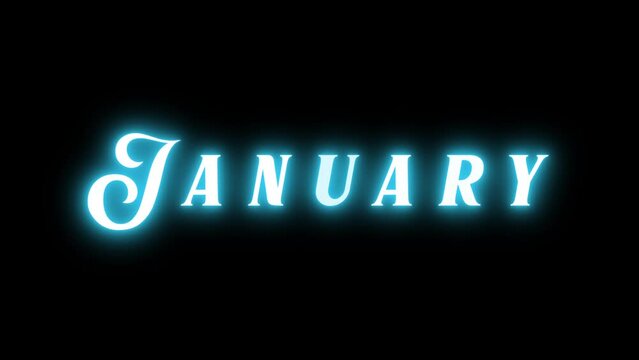 January Neon Text Sign On Black Background. Blue inscription. January text card for season. January mood. For title, text, presentation. Business bg. 3d animation 60 FPS