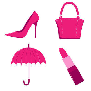 Set things pink for Barbie. Bag shoe umbrella lipstick. 
