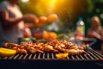 Outdoor grill barbeque with blurred people in background. Party and leisure concept.