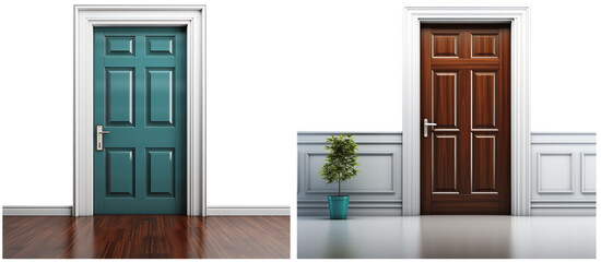 brown classic oak door and classic green door with a white frame, on a transparent background, Generative AI