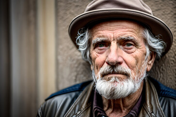 Homeless old man sitting alone on the sidewalk