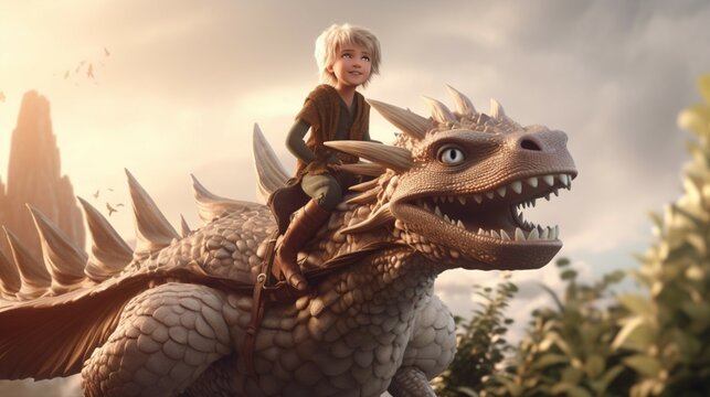 boy riding the dragon 3d illustration.Generative AI